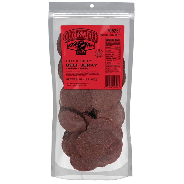 Old Trapper Hot & Spicy Double Eagle Beef Jerky | Real Wood Smoked | 10g of Protein | 1 Jar (80 Pieces)