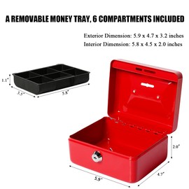 Jssmst Small Lock Cash Box with Money Tray, Locking Money Box for Kids with Slot on Top, Red Lock Box, 5.91 x 4.72 x 2.95 inches, CB003-R