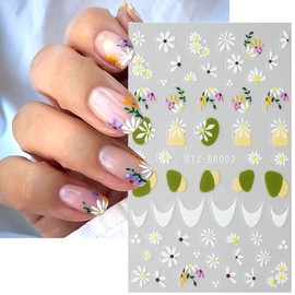 4Sheets French Tip Nail Stickers for Flowers Nail Art -White Daisy Nail Art Stickers 3D Self-Adhesive Flower Nail Supplies Floral Nail Decals Spring Summer Nail Sticker for Women Nail Decoration