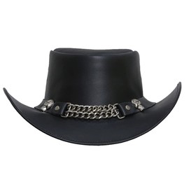 LuxHide Cowboy Western Cow Hide Top Grain Leather Handcrafted Skull Top Hat (Large, l) Black
