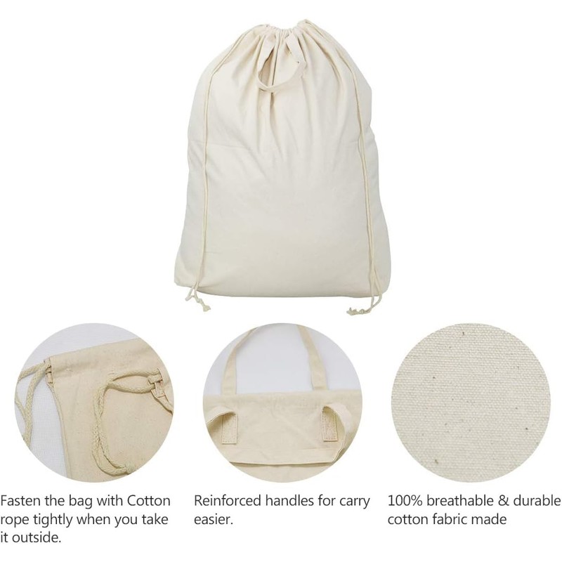 3 Pcs Breathable Canvas Laundry Drawstring Bags with Carrying Handles,