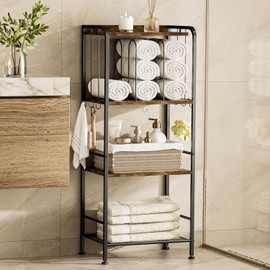 TETOTE 4-Tier Towel Rack, M-Shaped Detachable Dividers Towel Shelf with Hooks for Bathroom, Free Standing Pool Towel Holder Space-Saving Organizer, Rustic