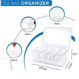 Tea Coffee Bag Storage Box with Lid and 4 Removable Dividers,Clear Plastic Food Bag Snack Organizer,Stackable Kitchen/Refrigerator Dessert,Flavor Organizer (1)