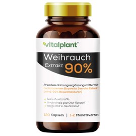 Vitalplant® Frankincense Capsules High Dose in Amber Glass 600 mg Indian Boswellia Serrata with 90% Boswellia Acid in Each Frankincense Capsule - Pack of 120 No Additives and Residue-Controlled