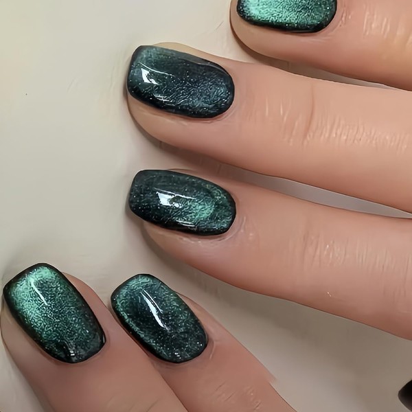 Dark Blue Press on Nails Short Square Fake Nails Cat