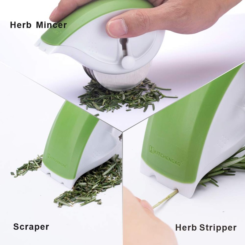 KITCHENDAO 3-in-1 Herb Chopper Mincer Roller Cutter Slicer, Leaf Stripper,