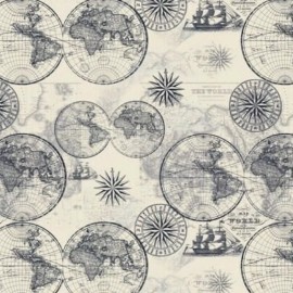 David Textiles Ocean Maps Lined Cream 100% Cotton Fabric by The Yard