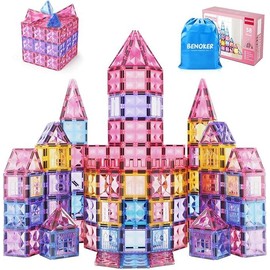 Magnetic Tile Castle 3D Building Block Set,Sensory STEM Educational Toddler Kids Toys,Birthday Gift for 3-8 Years Old - type: 58p blue Magnetic Tiles