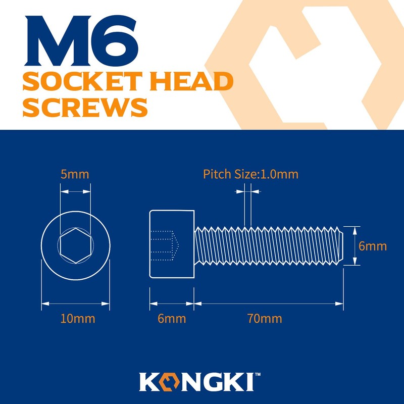 (8 Pieces) M6 x 70 mm Cylindrical Hex Socket Screws