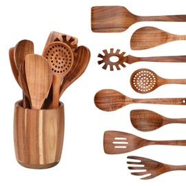 WOSPONFAN 9 PCS Kitchen Utensils Set - Wooden Spoons for Cooking, Natural Teak Wooden Utensils - Includes Wooden Spoons, Spatula Set, Slotted Spoon - Handmade Wooden Spoon Set