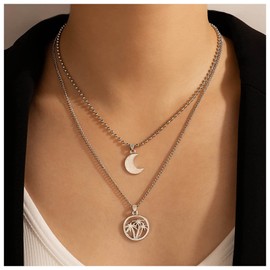 Inilbran Boho Layered Moon Choker Necklace Tree of Life Pendant Necklace Silver Crescent Moon Necklace Choker Vintage Coconut Tree Necklace Chain Jewellery for Women and Girls