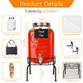 Waymind 2 Gallon Glass Drink Dispensers, 1 Pack Clear Beverage Dispenser with Stand and Spigot for Parties, Drink Dispenser with Ice Core and Sticker for BBQ, Picnic, Lemonade Dispenser