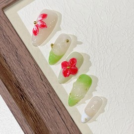 10 Pcs Luxury Handmade Press on Nails Medium Almond Nails with Glue,Green Gradient Glitter Fake Nails 3D Floral Art Design Muti-Layer Gel Acrylic Thick Stick on False Nails for Women(Size S)