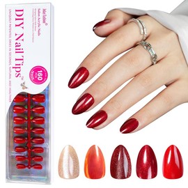 Jofay Fashion Press-On Nails Short Set – 5 Styles Short Almond Fake Nails with Cherry Glaze, Fiery Red Glitter, Cat Eye Designs, Glossy Acrylic, Reusable Full-Cover, 16 Sizes