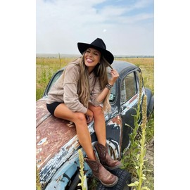 Womens Western Cowboy Hats Studded Pinched Western Cowgirl Hats Wide Brim Fedoras Hat with Belt Buckle (Size:Medium) Black