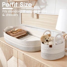 Baby Changing Basket Includes Diaper Caddy - Soft & Waterproof Dual-Cover, Portable, Changing Pad for Dresser & Changing Table, Gift for Baby Shower, Organic Cotton Rope