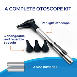 waxBgone WaxBgone Otoscope - Bright LED Light with 3X Magnification to Check Your Familys Ears at Home - Includes 3 Reusable and Easy-to-Clean Specula Tip Sizes for Adults, Kids & Babies and 2 AAA Batteries