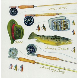 Fishing Rod and Brown Trout Birthday Card, Blank Inside, Vintage Style Illustration blank inside