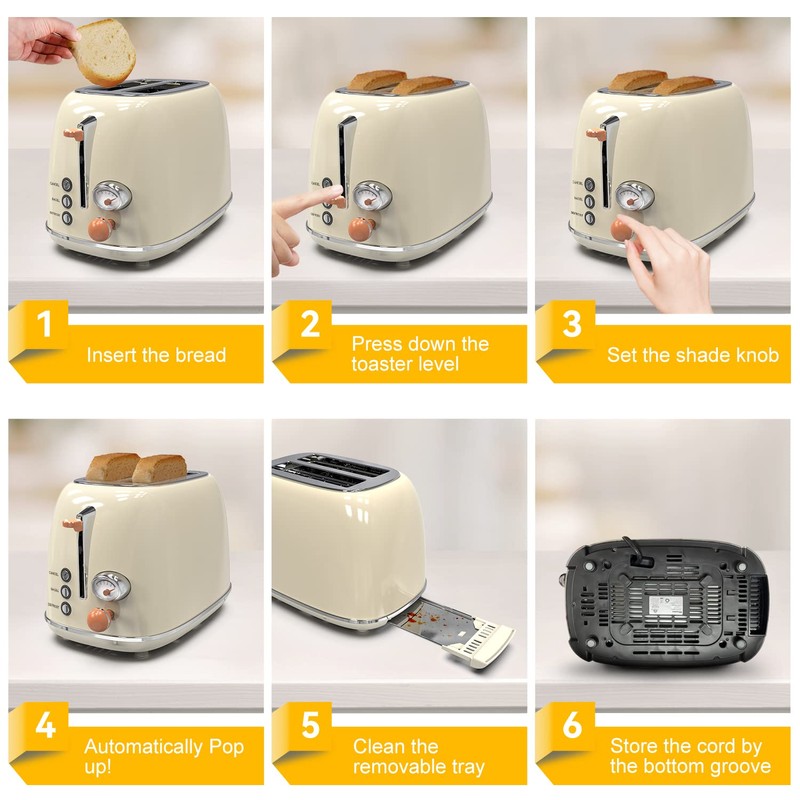 Toaster 2 slice, KitchMix Retro Stainless Steel Toaster with 6
