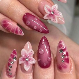 GlamRays 24 pieces almond press on nails medium false nails pink red glue on nails 3D flower water drip press ons with design stiletto rhinestone acrylic nails