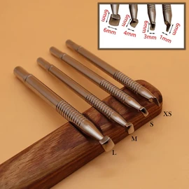 RUIQIN herramienta de estampado de cuero de acero inoxidable 304, herramientas profesionales de sellos de cuero para tallar bordes de cuero, manualidades (juego completo, 4 piezas (XS+S+M+L))