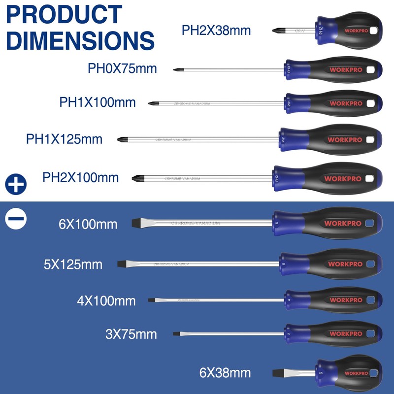 WORKPRO 10-Piece Magnetic Screwdriver Set with Pouch, Phillips, Slotted, Flat