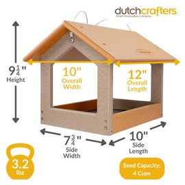 DutchCrafters Amish USA Made Recycled Plastic Large Hanging Modern Fly Through Covered Roof Open Platform Tray Bird Feeder for Outdoors, Garden, Yard (Cedar & Weatherwood)