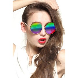 GEELOOK Round Sunglasses for Women Men Classic Oversized Circle Mirrored Hippie Hipster Polarized Sunglasses Metal Frame Multicoloured Lens
