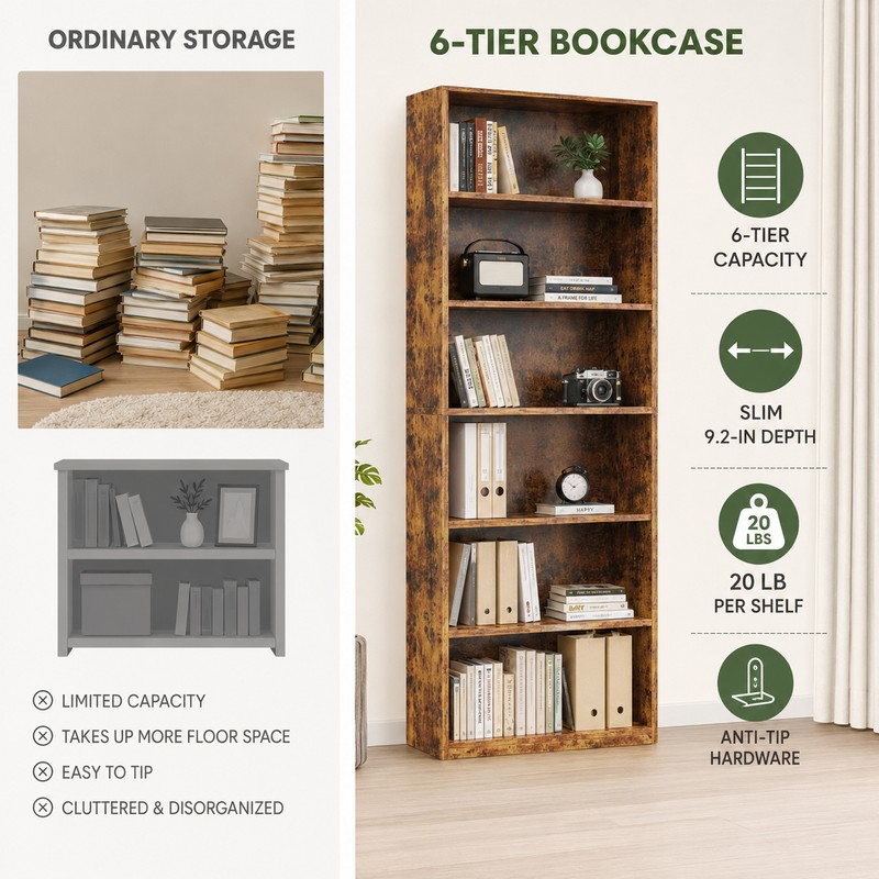 6-Tier Wood Bookcase, 63-Inch Tall Bookshelf with Anti-Tip Device, Floor