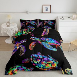 Rainbow Ocean Reptile Tortoise Bedding Set Kids Boho Sea Turtle Comforter Set Marine Coastal Decor Comforter Colorful Nautical Beach Duvet Set Full Size with 2 Pillow Case
