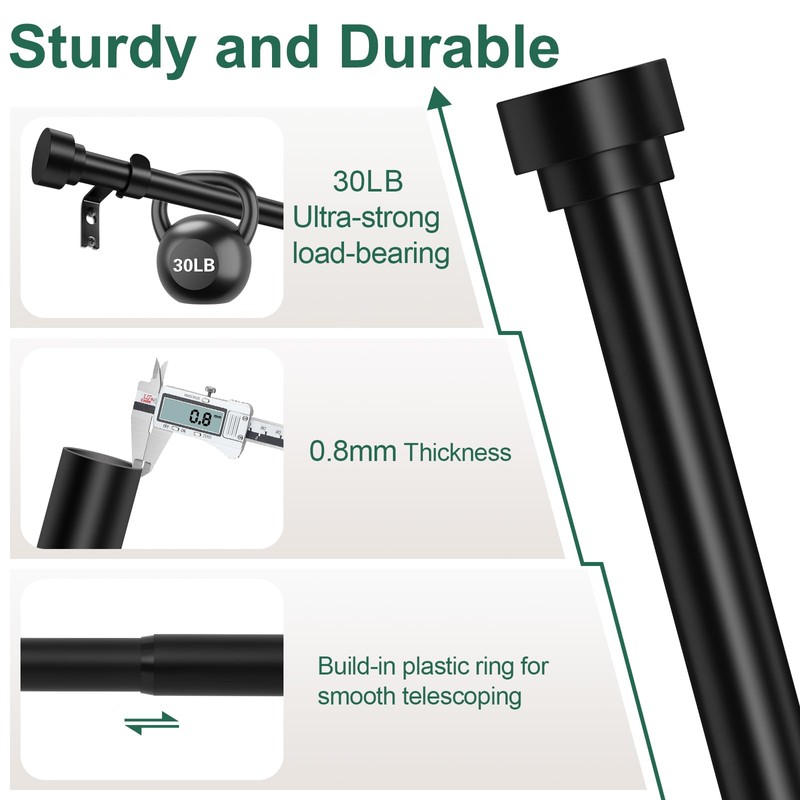 HEI! DEAR Curtain Rod 2Pack,Black Curtain Rods 72 to144 Inch(6-12ft),1Inch