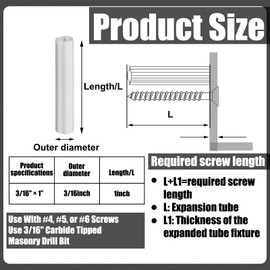 Lineshading 200 Pcs Expanding Plastic Screw Anchors 3/16" Hole White Plastic Anchors for Concrete Masonry Tile Cement Bolt Expansion Tube for #4,5,6 Screws, Fix to Wall Drywall or Other (1")