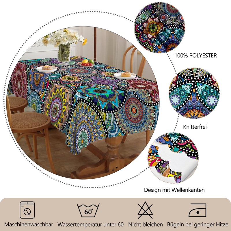 iEvery Boho Style Rectangular Mandala Garden Tablecloths for Outdoor Polyester