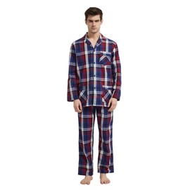 GLOBAL Pantalones de pijama 100% algodón para hombre, pantalones de dormir tejidos elásticos con cordón, Cuadros azules y rojos, X-Large