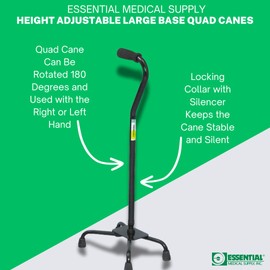 Essential Medical Supply Large Base Quad Cane in Black - Height Adjustable Walking Cane, Sturdy and Durable Walking Cane for Improved Mobility and Stability with 4 Prong Base and Rubber Tips