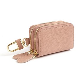 Genuine Leather Double Zipper Smart Key Case, Compact with Carabiner Hook, Pink