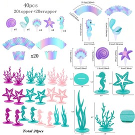 61 Pcs Mermaid Birthday Decorations Supplies for Ocean Theme,Include 20 Felt Table Centerpiece,40 Mermaid Cupcake Wrappers Toppers and 1 Mermaid Tablecloth