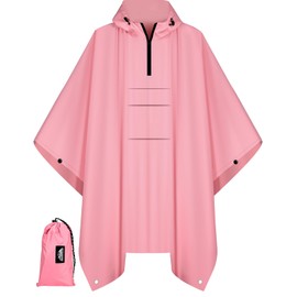 Bruvoalon Multi-functional Waterproof Rain Poncho with 1/4 Zip & Chest Pocket, 3-in-1 Outdoor Rain Poncho, Sunshade, & Ground Mat for Adults Emergency Outdoor, Pink