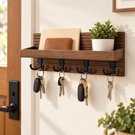 Wall Mounted Wooden Key Holder for Entryway Organization – Rustic Mail Organizer with 4 Hooks for Everyday Essentials