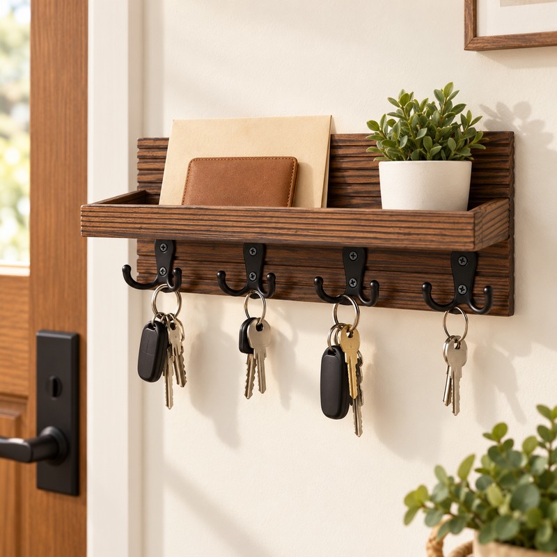 Wall Mounted Wooden Key Holder for Entryway Organization – Rustic