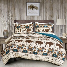 WPM WORLD PRODUCTS MART Rustic Country Cabin Southwestern Moose Bear Printed Comforter King Size Western Brown Cream Teal Color Ranch Farmhouse Lodge Bedding with Pillow Shams (King)