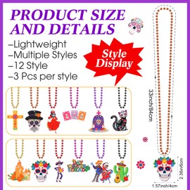 Ecally 36 Pcs Day of the Dead Bead Necklace Dia De Los Muertos Necklace Sugar Skull Dancing Ghost Skeleton Couple Skeleton Cat Necklaces Bead for Day of the Dead Themed Party Favors Supplies