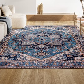 JONATHAN Y WSH105B-5 Cirali Ornate Large Medallion Machine Washable Indoor Bohemian Transitional Area Rug,High Traffic,Kitchen,Living Room,Backyard,Non Shedding,5 X 8,Blue/Beige