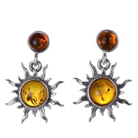 Amber Earrings - Sterling Silver and Baltic Honey Amber Earrings "Sun" - Amber Dangling Earrings - Sterling Silver Jewelry Collection