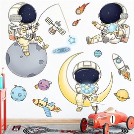 Adhesivos de pared de astronautas del espacio de dibujos animados lindos, sacinora Calcomanía de pared cósmica de cielo estrellado, vinilo removible que se pela y se pega para bebés, niños, guardería