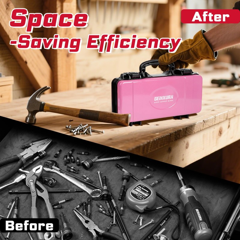 Geinxurn 11”Pink Tools Box, Portable Steel Heavy-duty Tool Case with