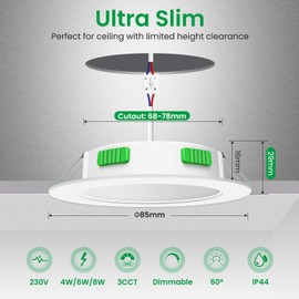 ALUSSO LIGHTING 60° LED Recessed Spotlight, 230 V, Dimmable, 4 W/6 W/8 W Adjustable LED Spotlights, 3CCT Warm White/Neutral White/Cool White Ceiling Spotlights, Ultra Flat 68 mm Ceiling Light, IP44