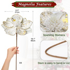 Briful 8’’ Large Heads Christmas Glitter Magnolia Flowers Christmas Tree Ornaments Set of 4 Artificial Flowers with Picks Stems for Xmas Tree Holiday Decorations,White
