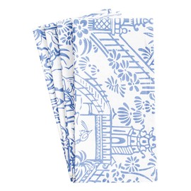 Caspari Pagoda Toile Blue White Set of 4 Hand Printed Indian Cotton Napkins 50 cm sq