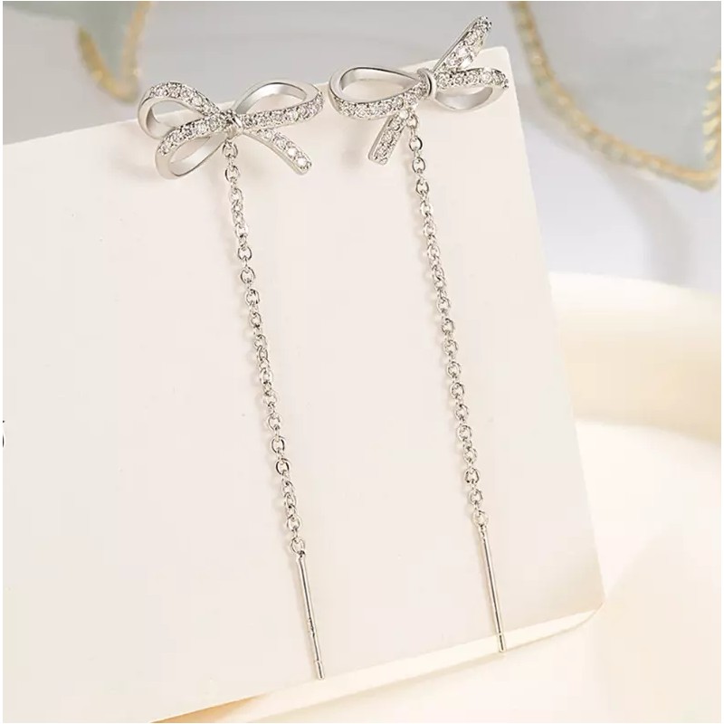 Women Sterling Silver Bow CZ Dangle Pull Through Threader Stud